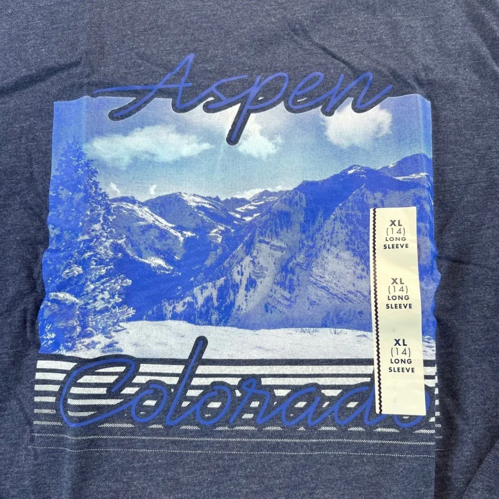 Cat & Jack Boys XL 14 Aspen Colorado Mountain Graphic Long Sleeve Tee Navy Blue